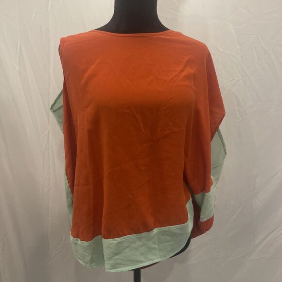 Line and dot silk blouse Color Block orange mint asymmetrical Blouse size s - Picture 1 of 7
